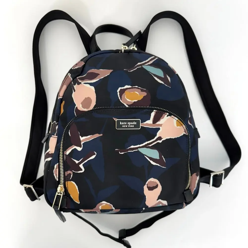 Kate Spade Dawn Paper Rose Medium Backpack Nylon Leather Trim in Black Floral